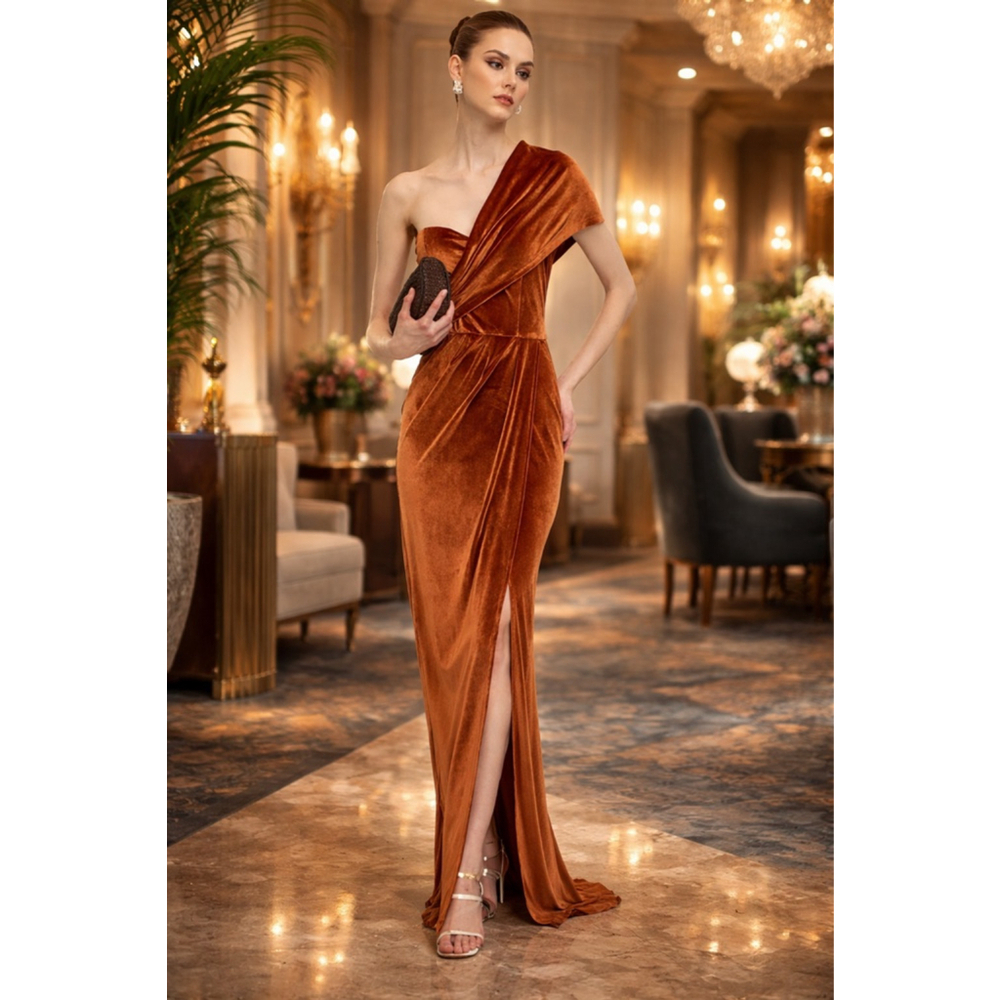 Women's Unbranded Rust Velvet One Shoulder Maxi Dress Size L